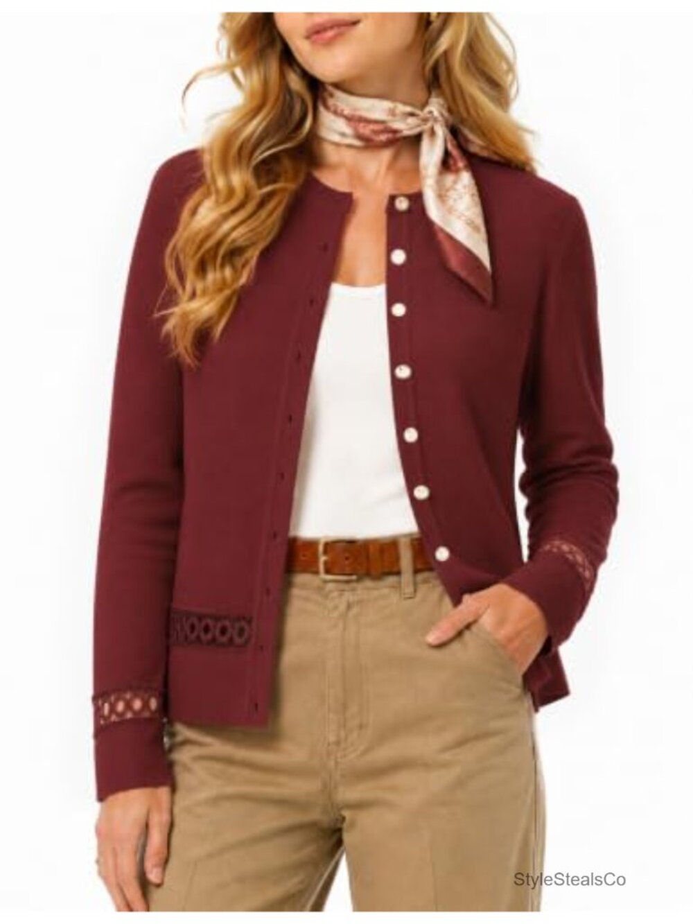 Crochet Button Down Cardigan Sweater Lace Trim Long Sleeve Knit